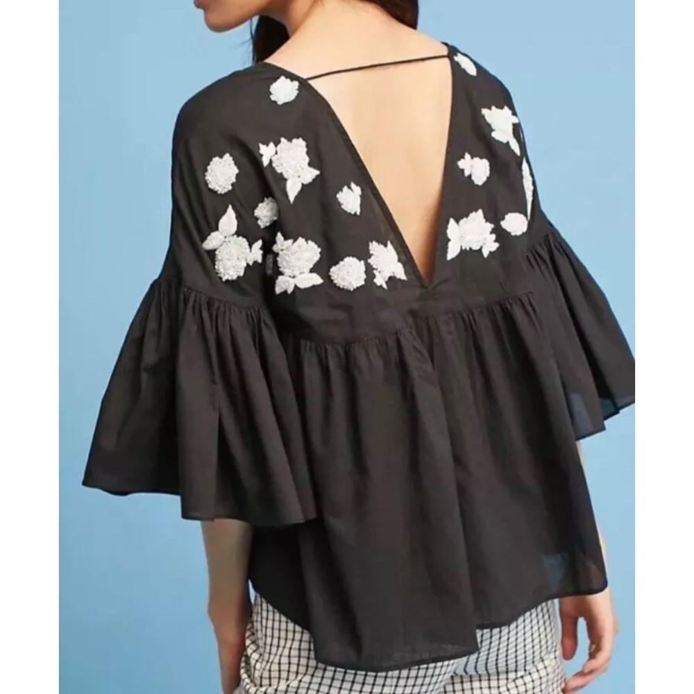 Anthropologie Maeve Size S Harlow Beaded Embroidered Floral Flutter Sleeve Top - Picture 2 of 16